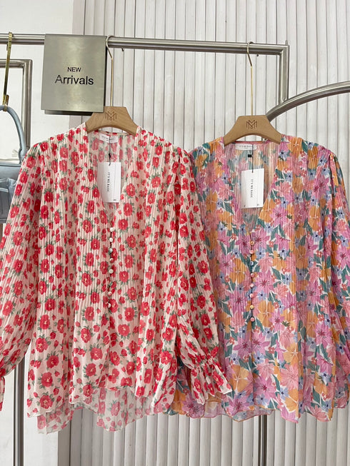 Floral Pleated V-Neck Chiffon Shirts